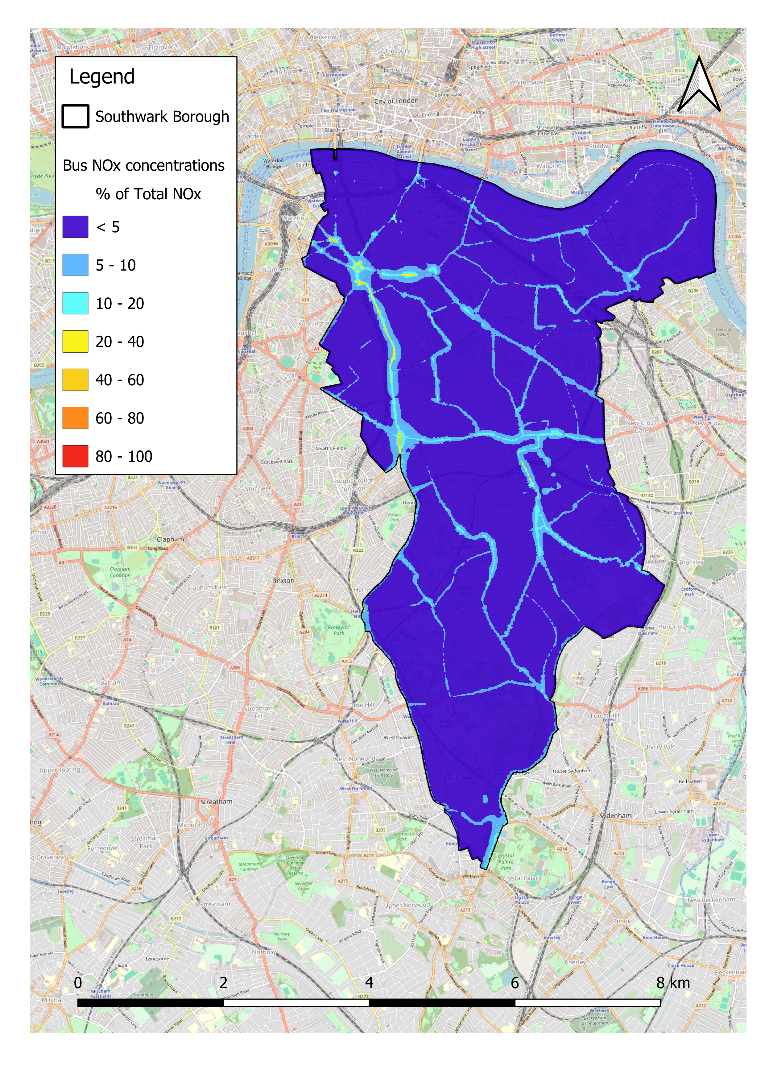 Southwark bus NOx concentrations map