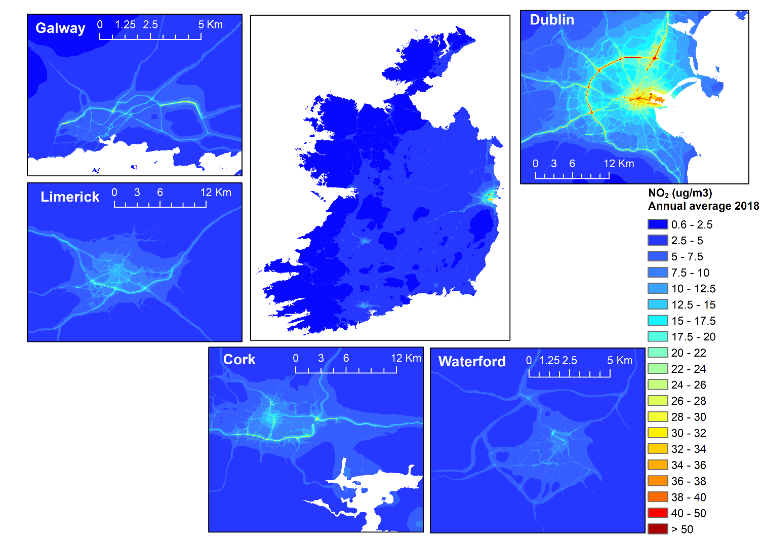Coupled system annual average NO2 pollution maps